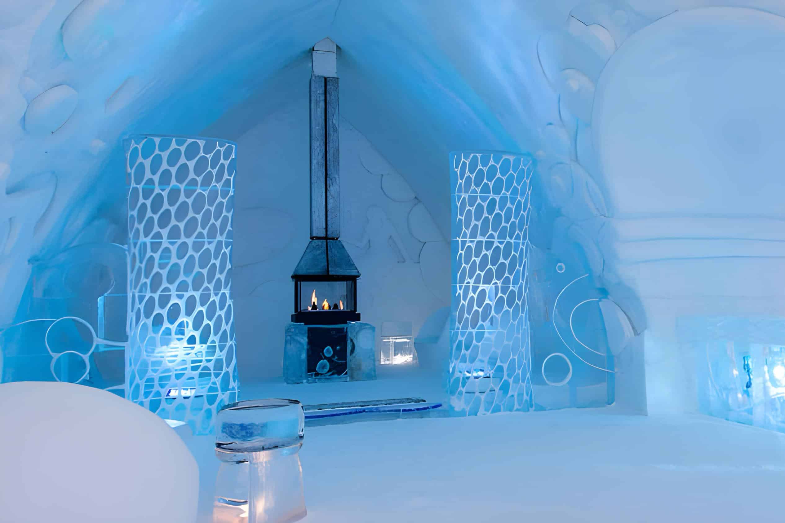 Ice hotel fireplace, fundraising ideas, charity ideas, silent auction items, travel fundraising events